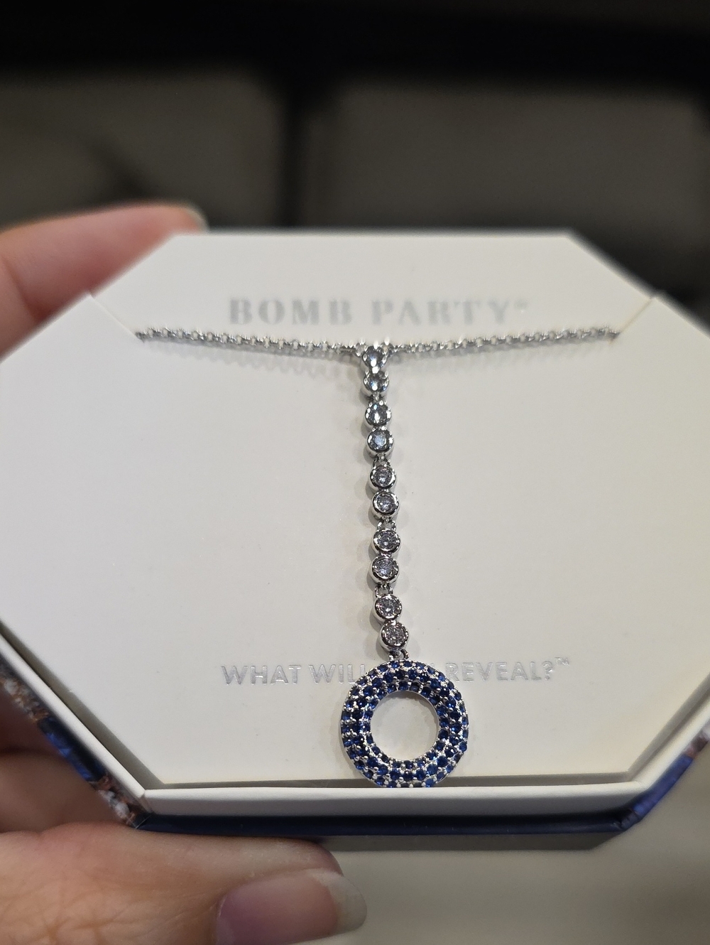Bomb Party Silver Necklace with Blue Crystal Circle Drop